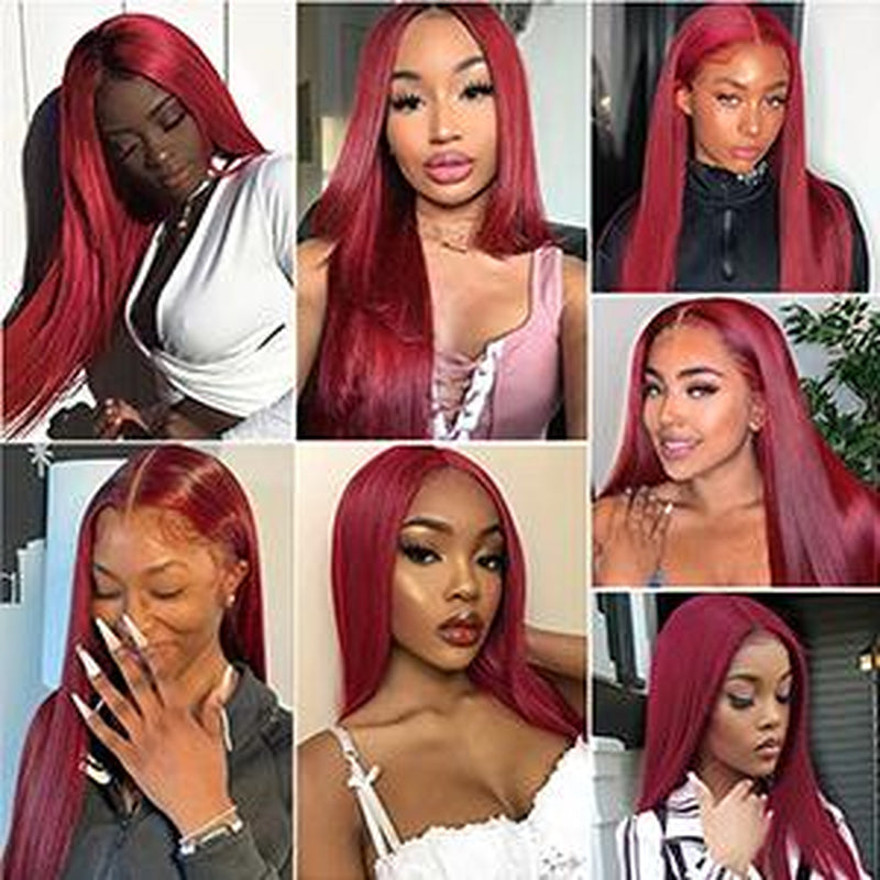 99J Burgundy Straight 13X4 Lace Front Human Hair Wig for Women, Straight 99J Lace Frontal Wig Pre Plucked with Baby Hair Brazilian Remy Hair Glueless Wine Red Colored 150% Density