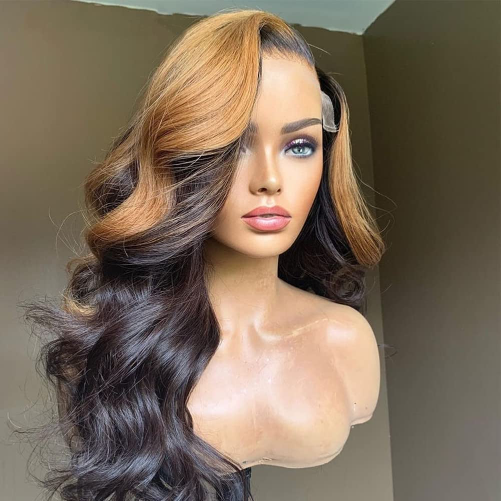 Honey Blonde Highlights Human Hair Wigs 5X5 HD Transparent Lace Closure Wigs Human Hair #27 Colored Loose Body Wave Glueless Lace Wig for Black Women Pre Plucked (14 Inch, 5X5 HD Transparent Lace Closure Wig)