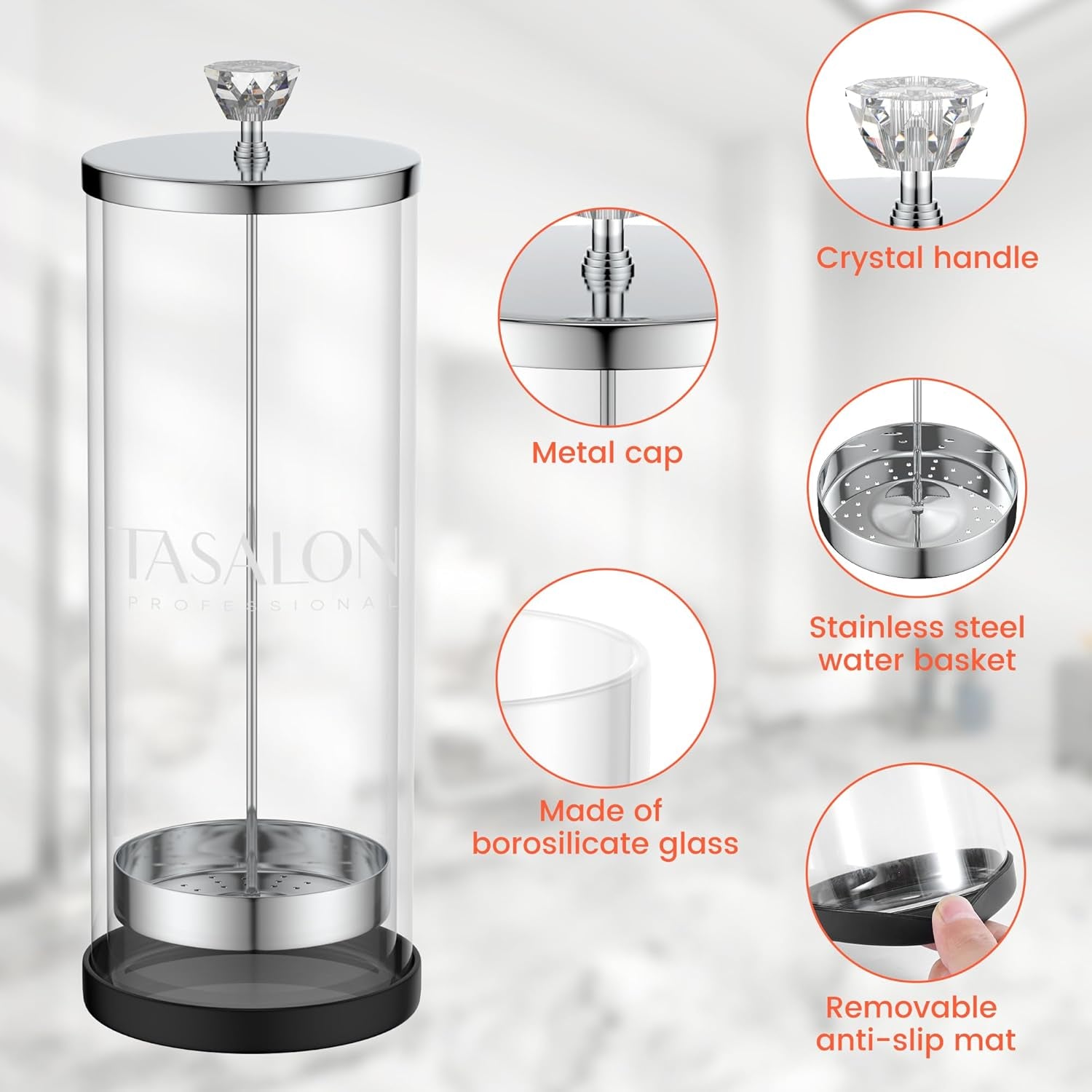 Barber Jar (45.5 Oz) with Crystal Handle - Disinfectant Jar for Salon, Spa and Manicure Shop - Durable Glass and Sterilizing Container with Removable Stainless Steel Basket - Large