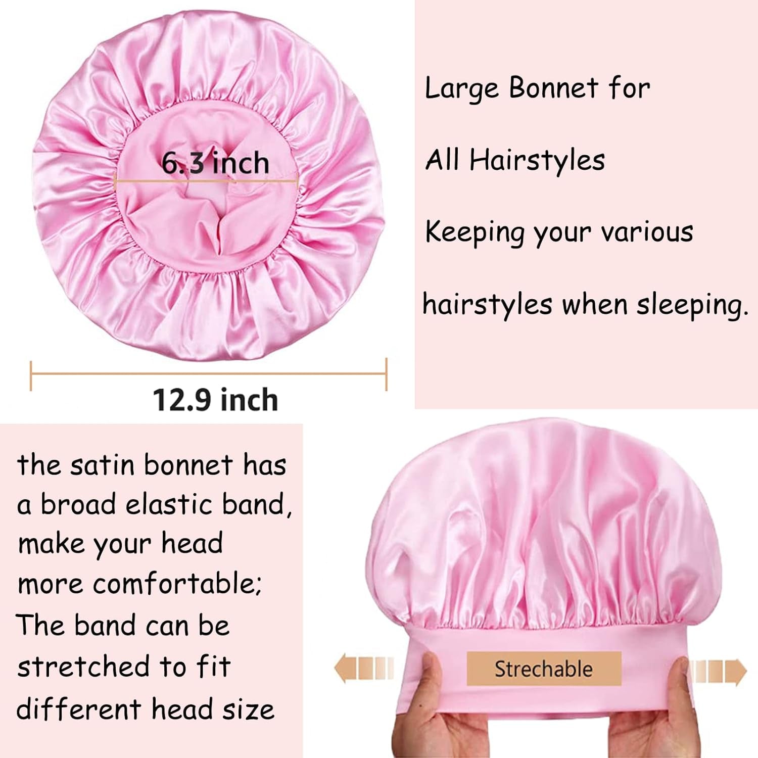 3 Pack Satin Bonnet Silk Hair Bonnet for Sleeping, Sleep Bonnets for Women Large Wide Soft Band Sleep Cap for Curly Hair Braids