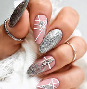 Glitter Geometric Rhinestone Mid-Length Fake Nails